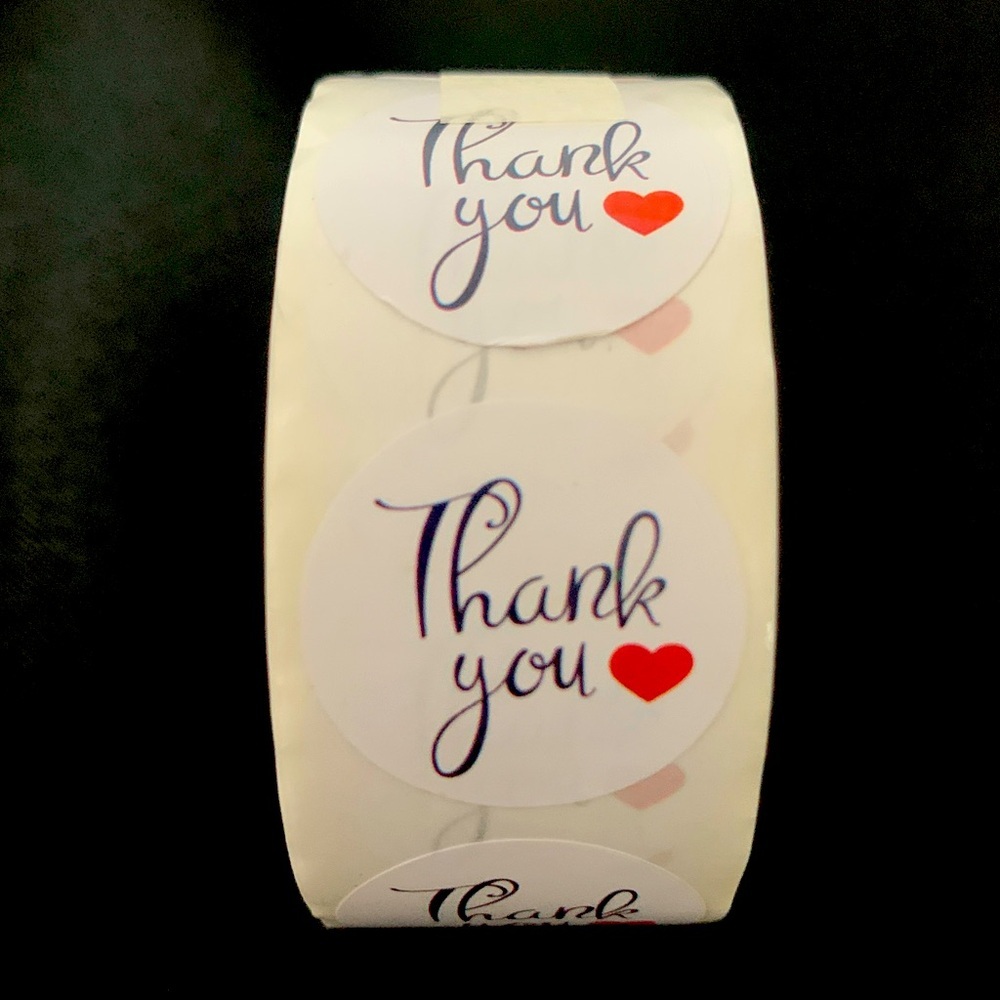 Thank You Sticker Labels 500 labels on roll. 1” Round NWT White & Black color